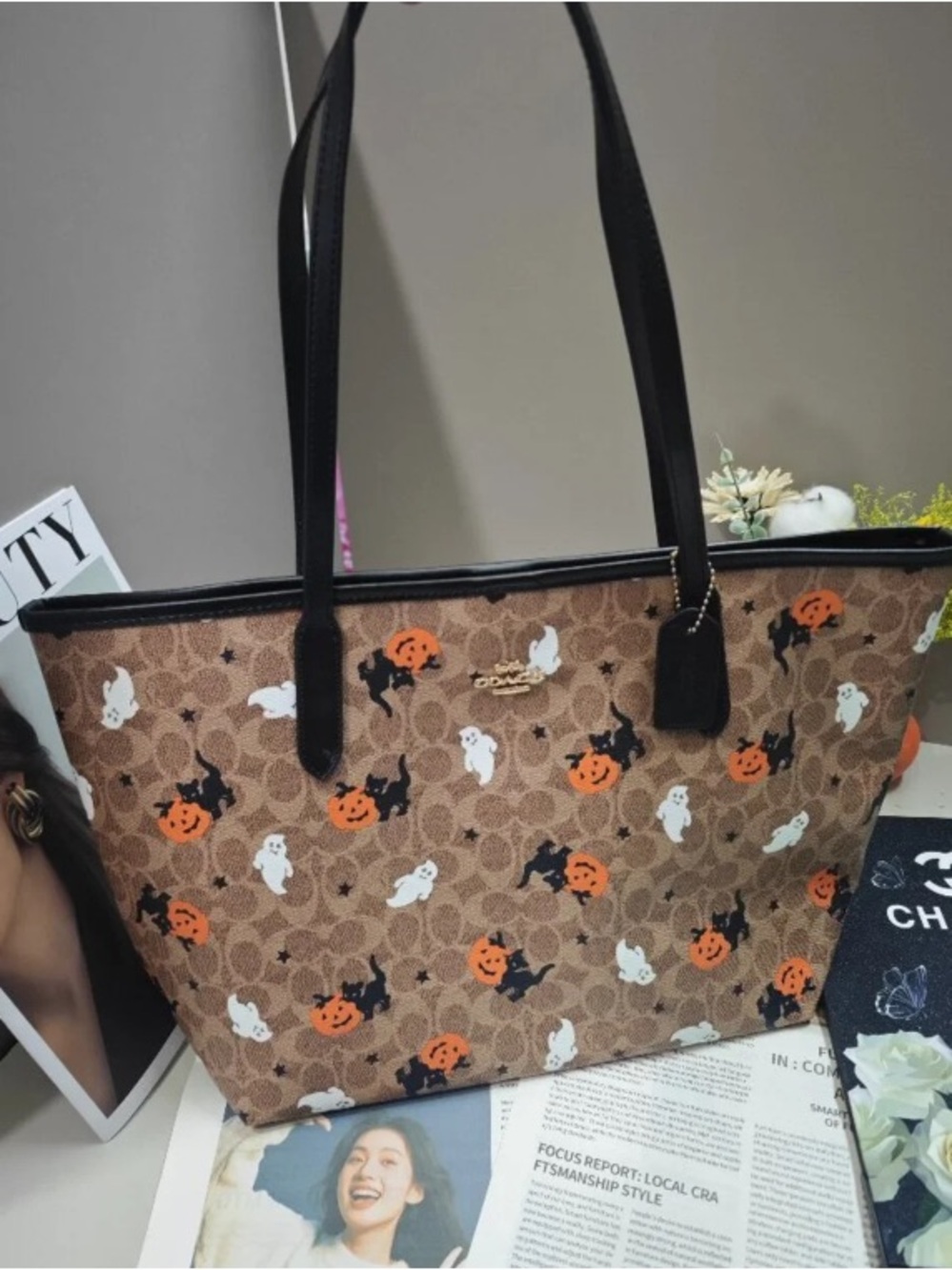 Coach Brown Canvas Halloween Print Tote with Black Trim